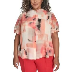 DKNY Women Coral Abstract Print Chiffon Casual Button-Front Blouse Plus Size 1X